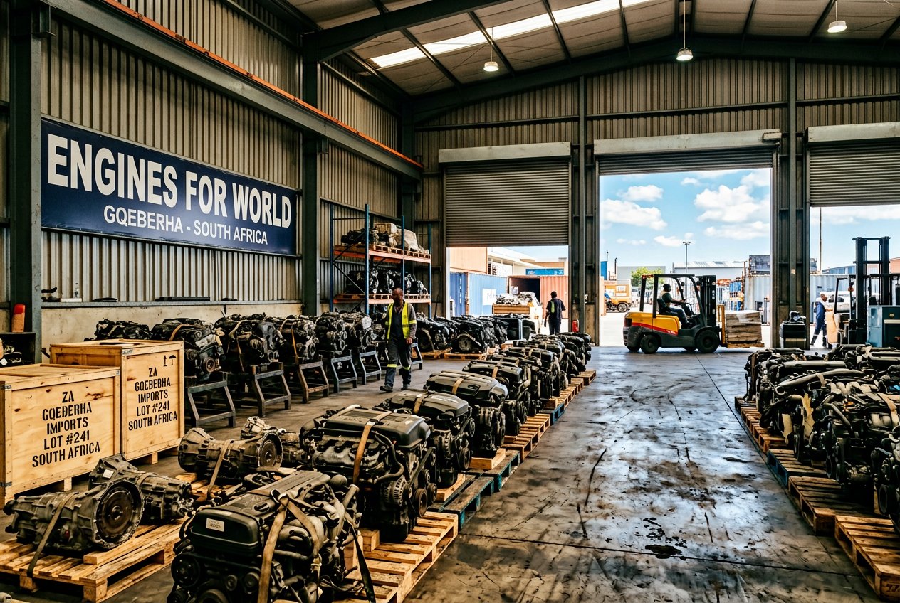 Engines for World warehouse in Gqeberha, South Africa, stocked with imported engines and gearboxes