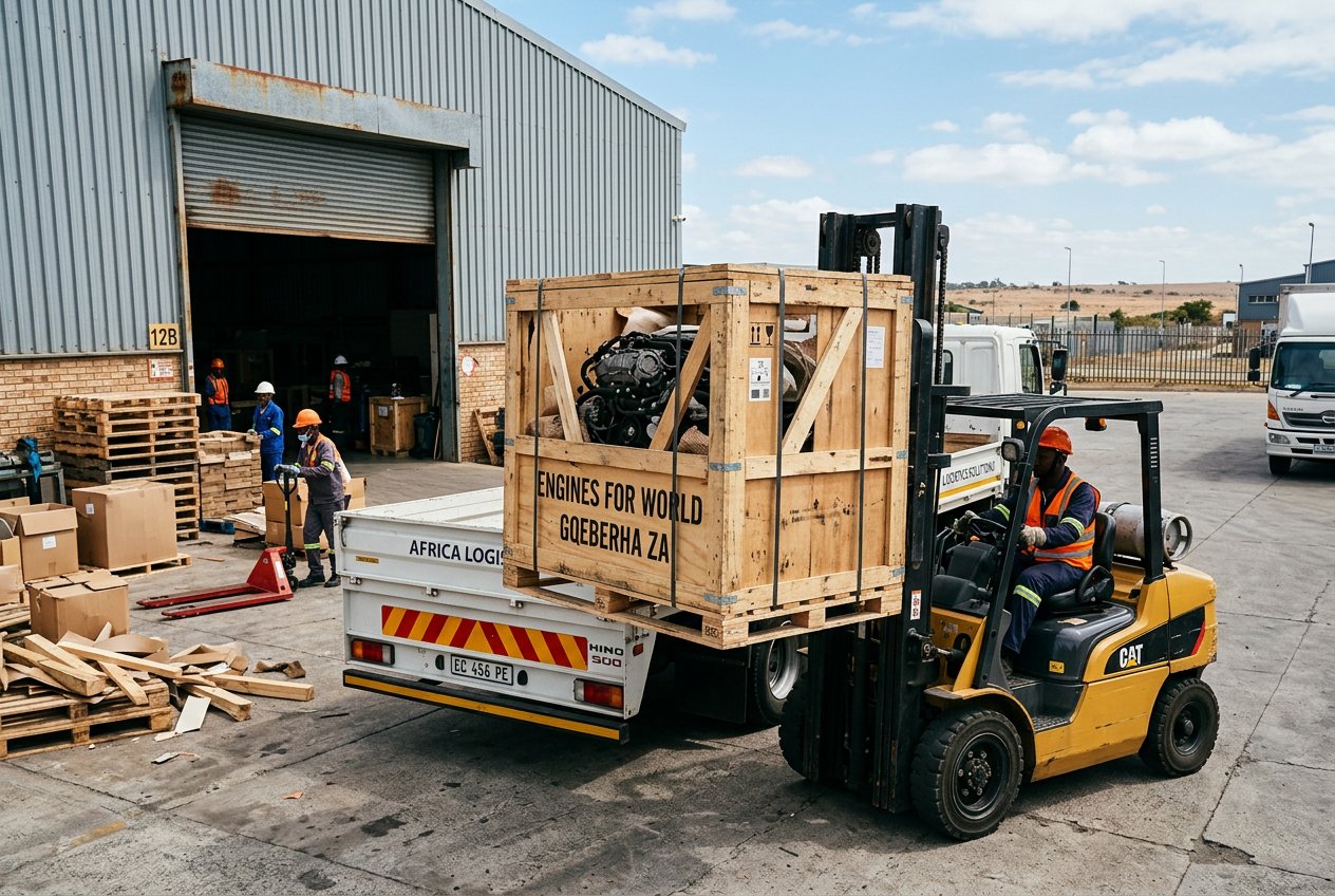 Engine crate labelled Engines for World Gqeberha ZA being loaded for nationwide delivery