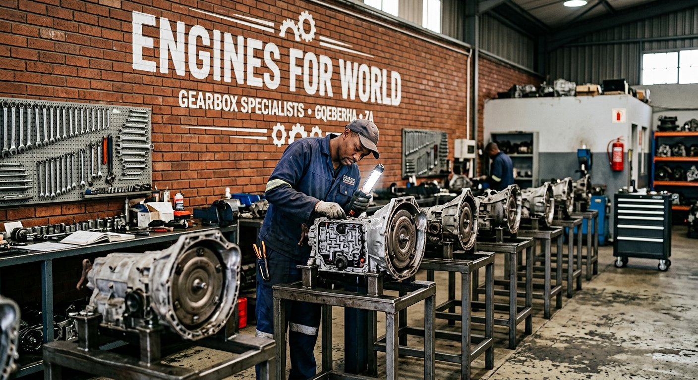 Gearboxes inspected by a technician at the Engines for World gearbox workshop in Gqeberha