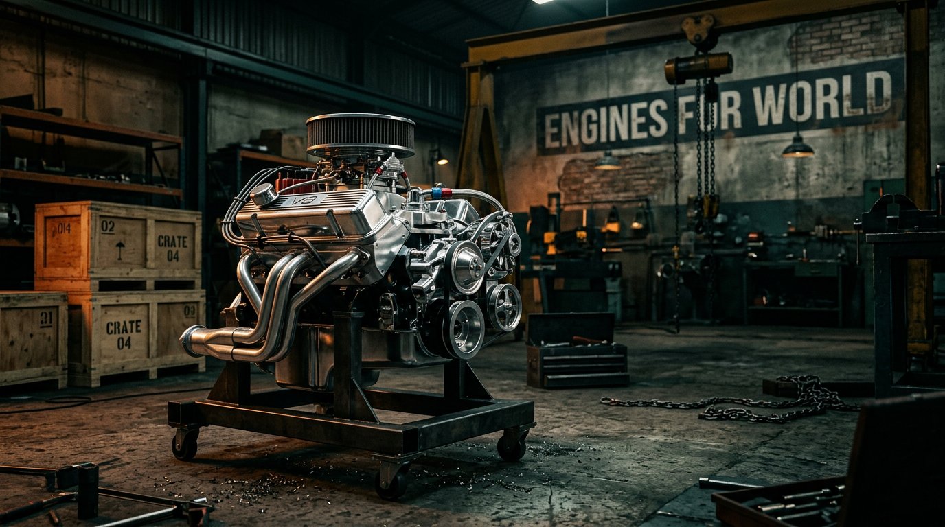 Crate V8 engine in the Engines for World workshop, Gqeberha, South Africa