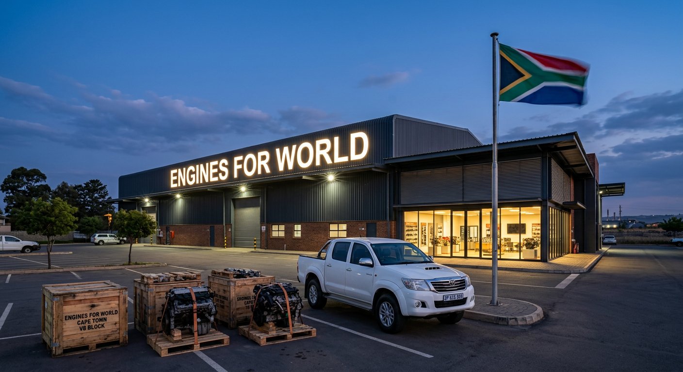 Engines for World showroom and warehouse illuminated at dusk in Gqeberha, South Africa