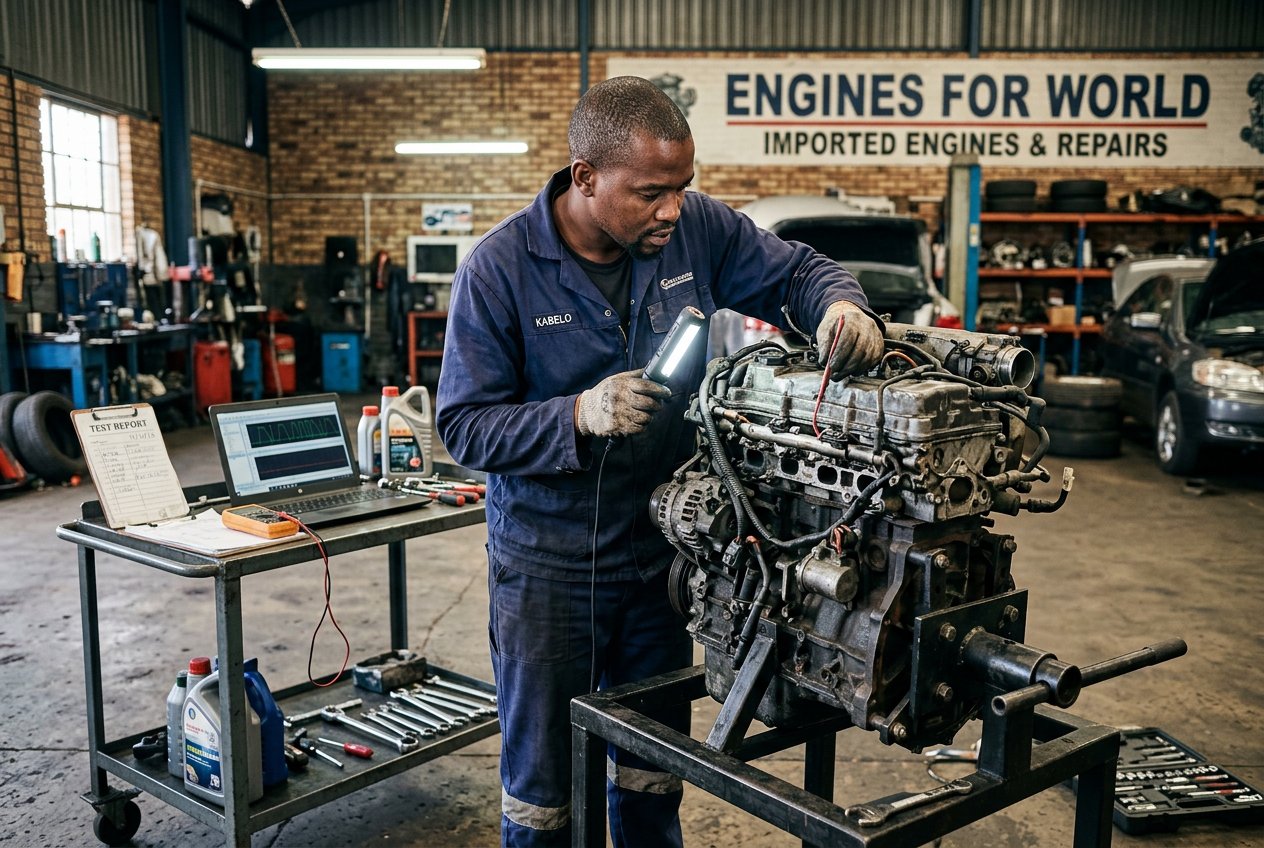 Technician function-testing an imported engine at Engines for World in Gqeberha